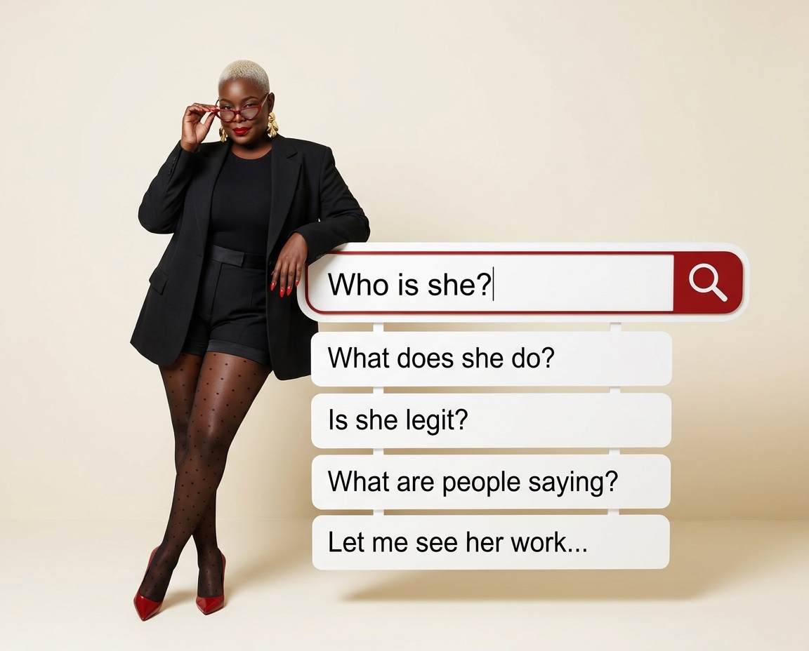 Dinecia standing beside the questions people ask when they discover a personal brand online