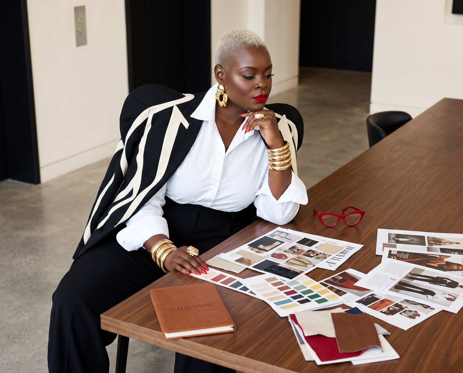 Dinecia reviewing a brand moodboard and creative direction materials