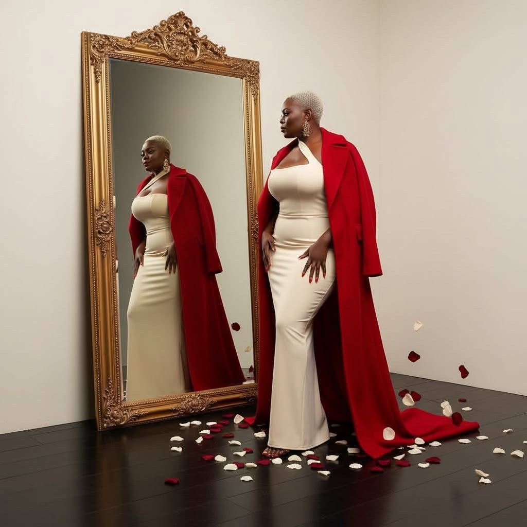 D.Chanel in a cream gown and red coat, reflected in a gold mirror